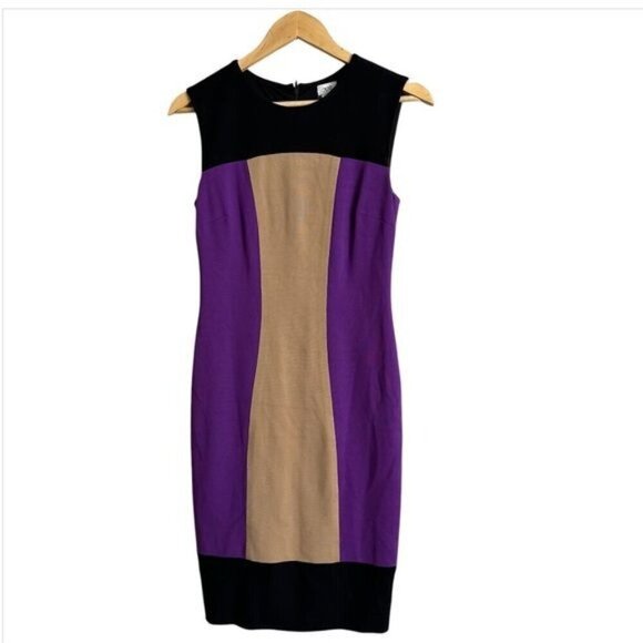 Cache Women's Size 2 Purple Black Tan Contour Colorblock Dress SheathFitted! - Picture 9 of 10